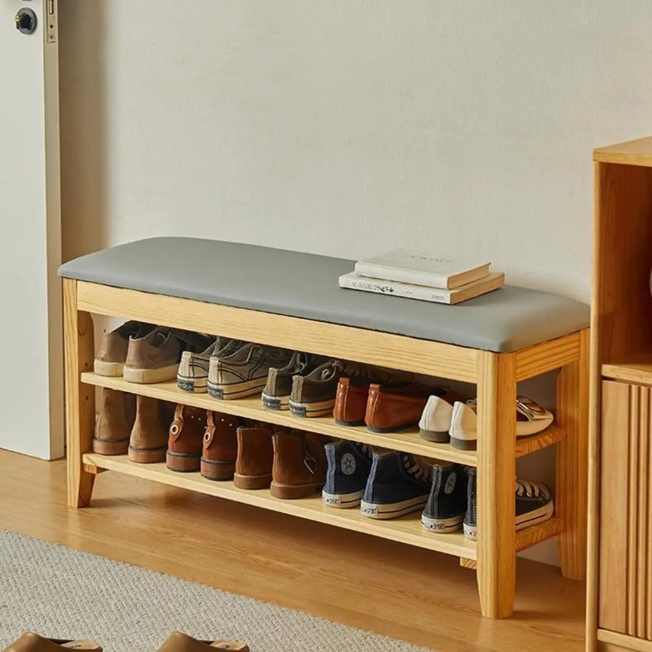 Entryway Walnut Wood Shoe Storage Bench with Cushion Image - 2 | homeyfad