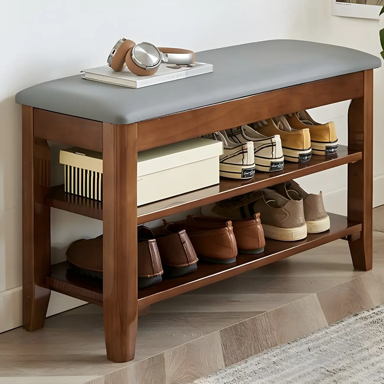 Entryway Walnut Wood Shoe Storage Bench with Cushion Image - 5 | homeyfad
