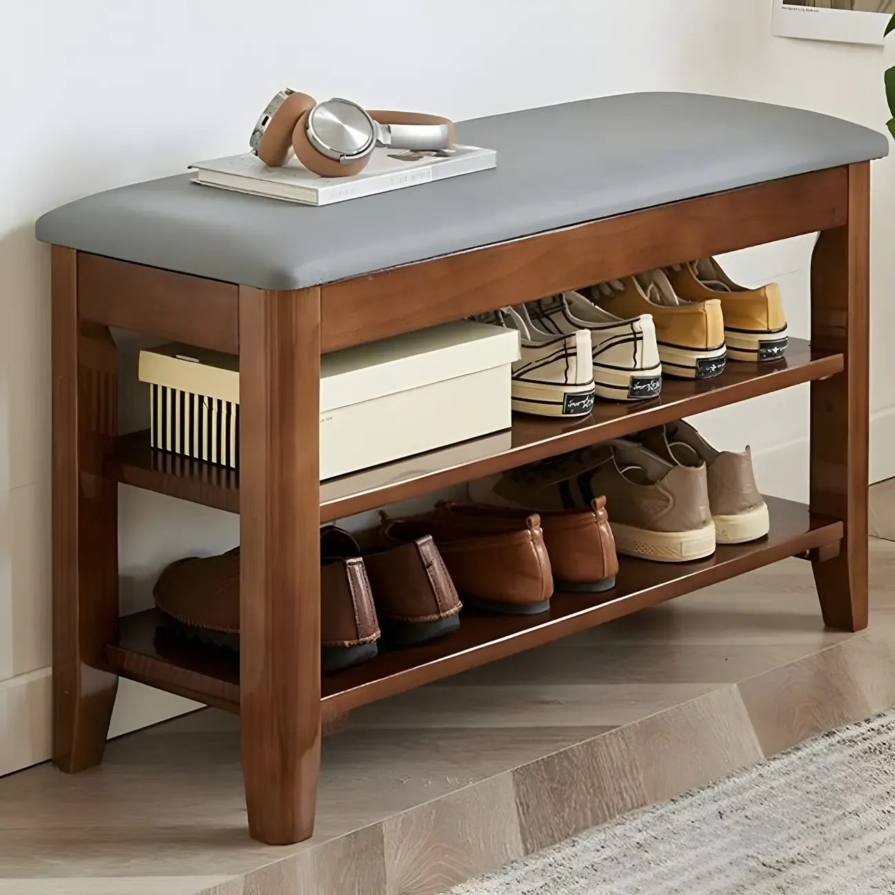 Entryway Walnut Wood Shoe Storage Bench with Cushion Image - 5