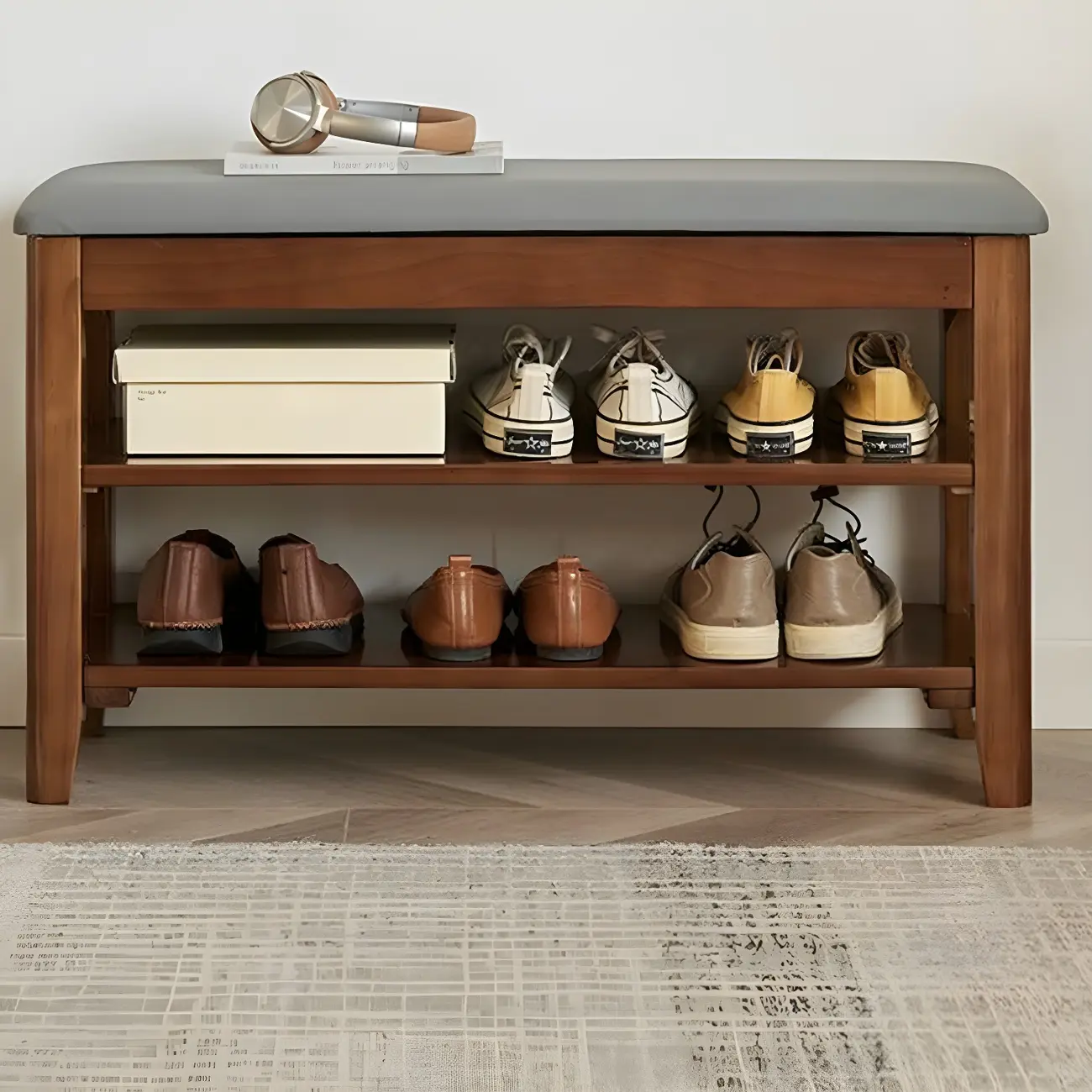 Entryway Walnut Wood Shoe Storage Bench with Cushion Image - 1 | homeyfad