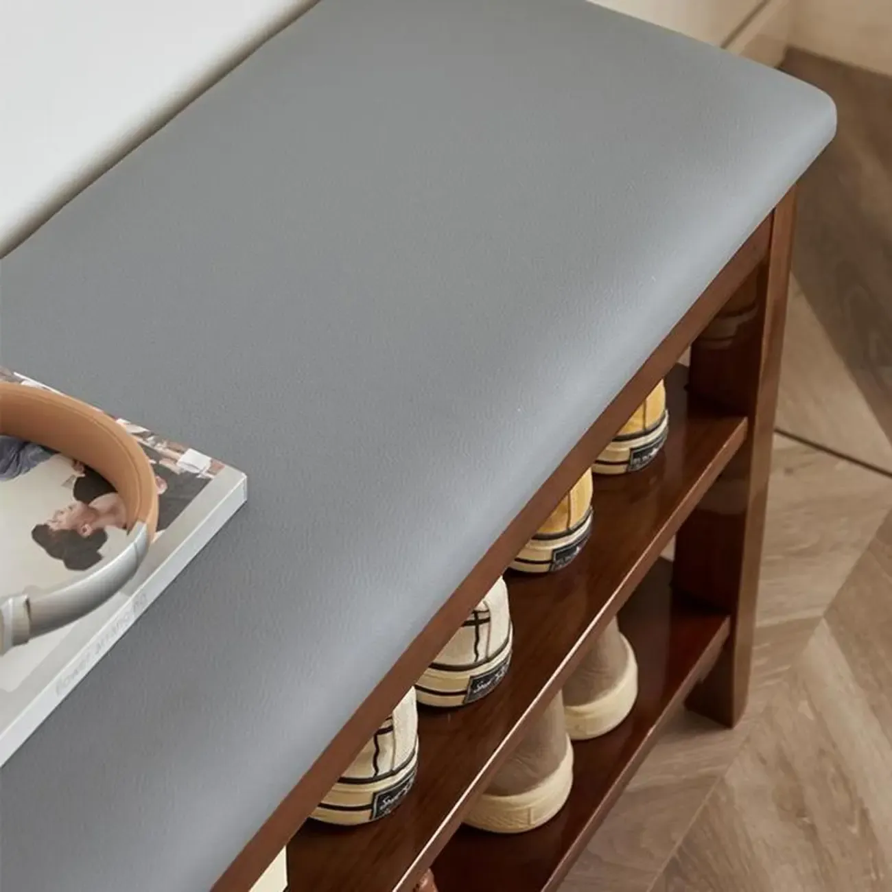 Entryway Walnut Wood Shoe Storage Bench with Cushion Image - 8