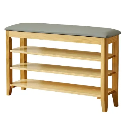 Entryway Walnut Wood Shoe Storage Bench with Cushion Image - 19