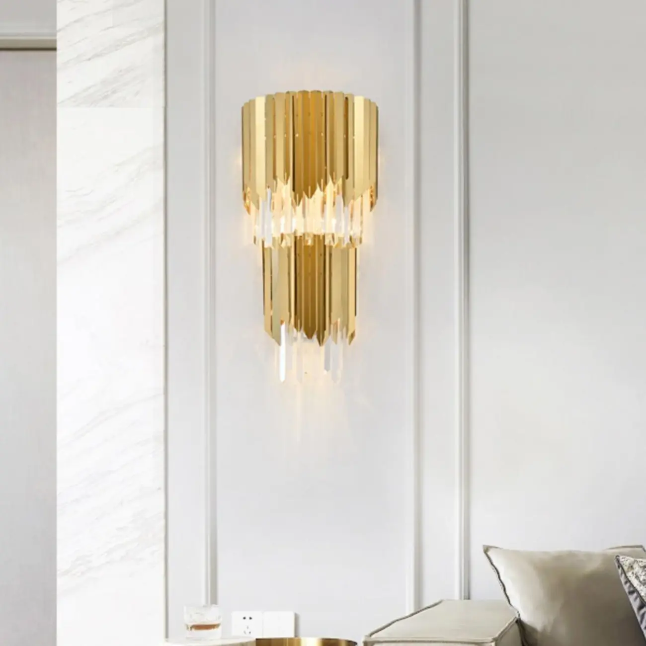 Modern Crystal Gold Metal Tassel Tiered Shining Wall Sconce Image - 2 | homeyfad