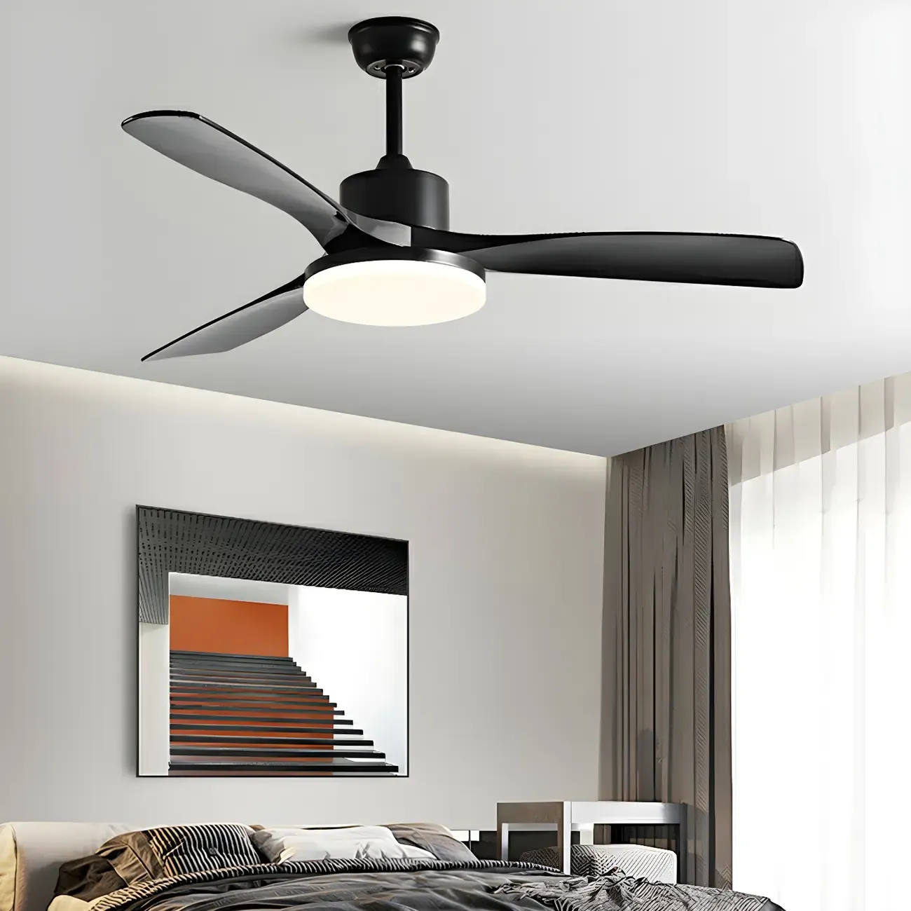 Modern Downrod Ceiling Fan Dimmable LED Light for Living Room