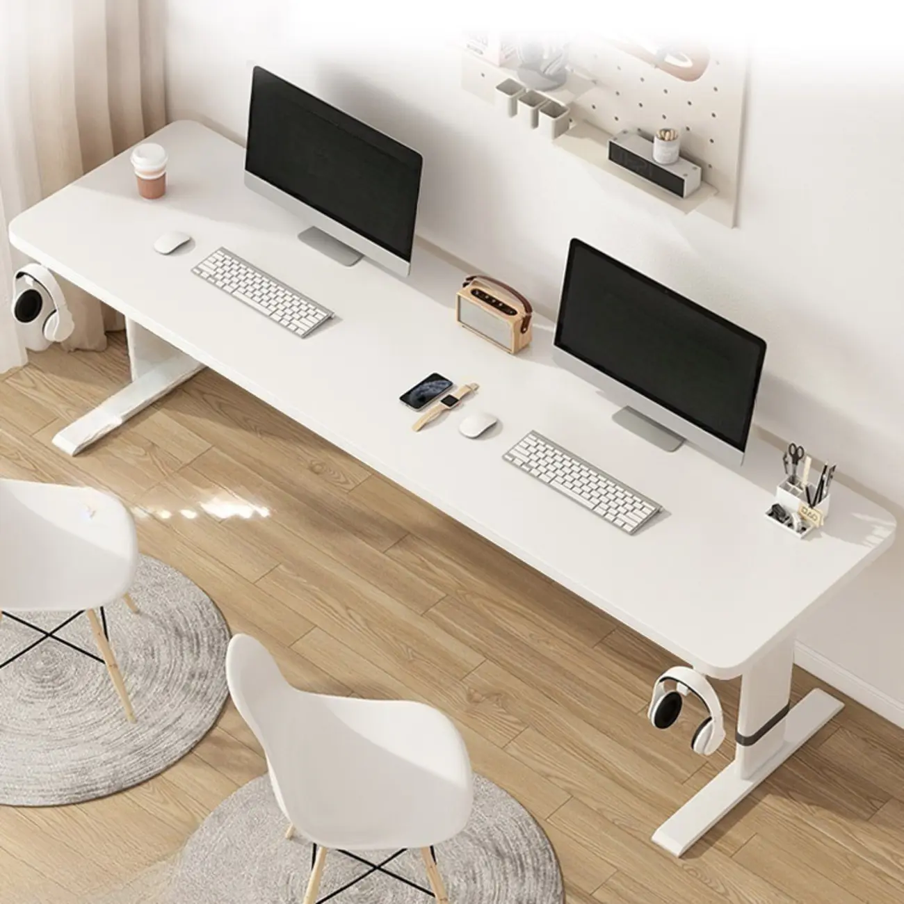 Modern White Wood 2-Hook Adjustable Office Desk Image - 1 | homeyfad