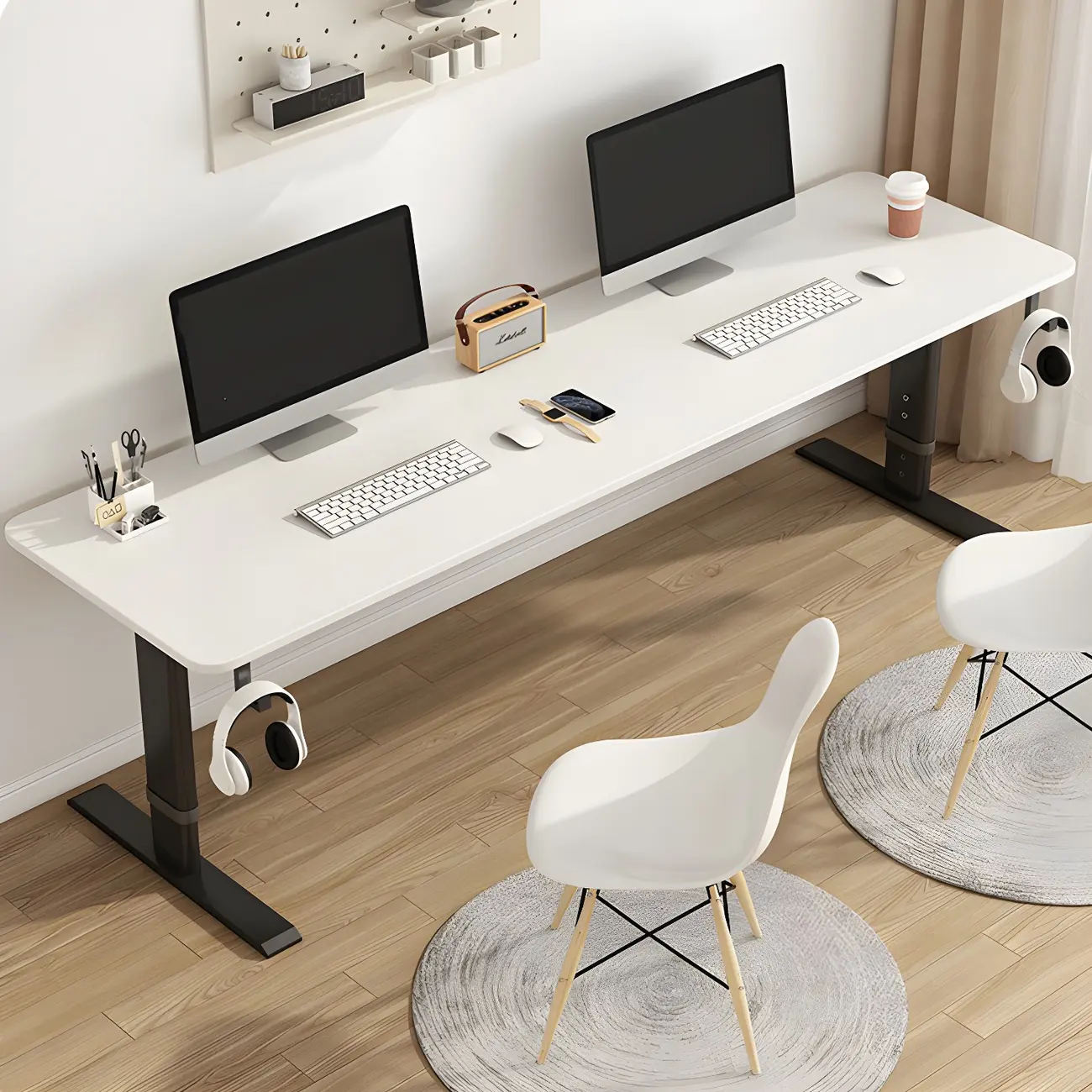 Modern White Wood 2-Hook Adjustable Office Desk Image - 2 | homeyfad