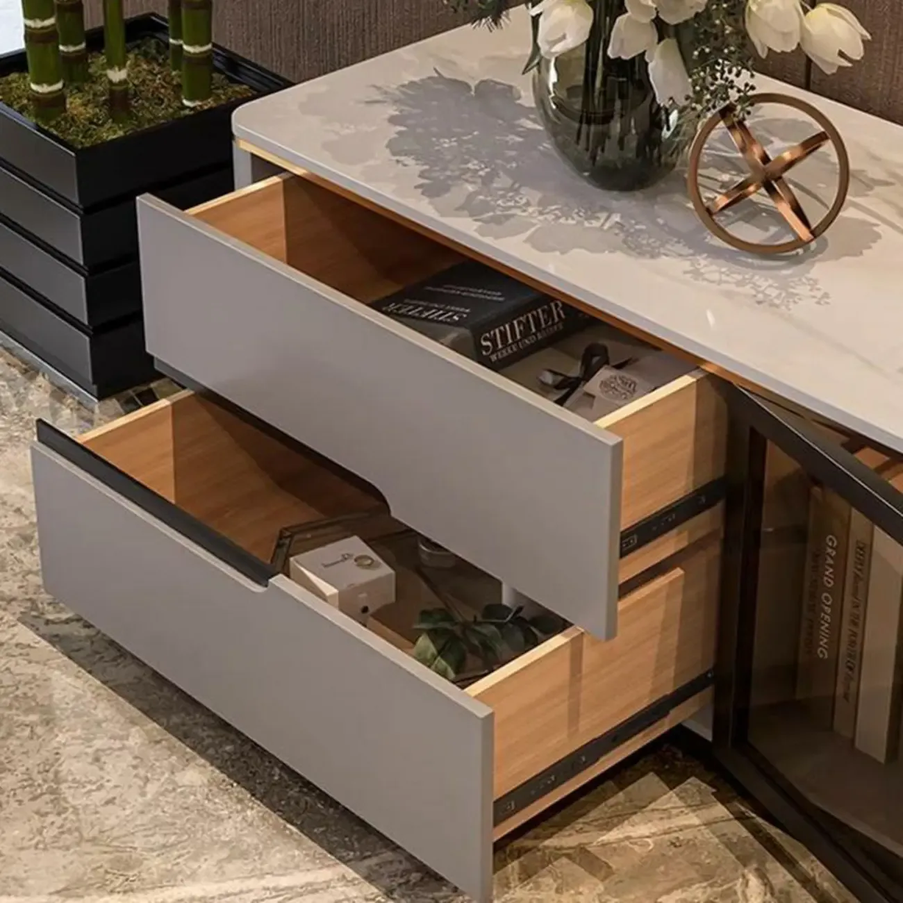 Classic Marble TV Stand with Glass Doors for Living Room Image - 7