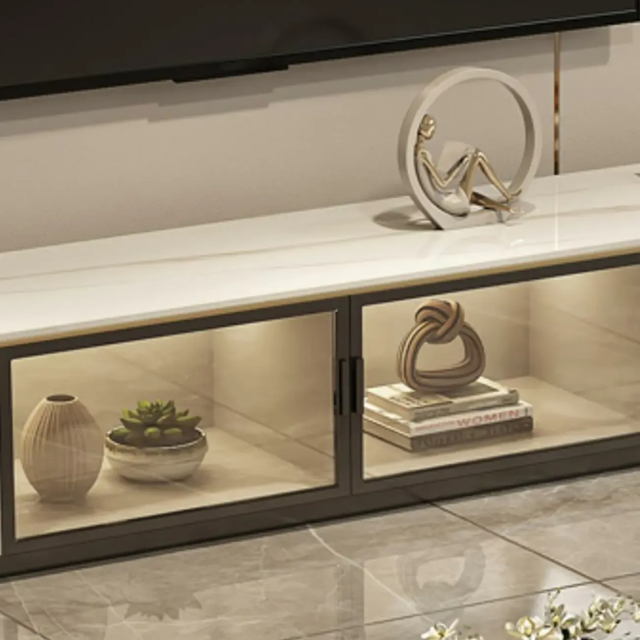 Classic Marble TV Stand with Glass Doors for Living Room Image - 9