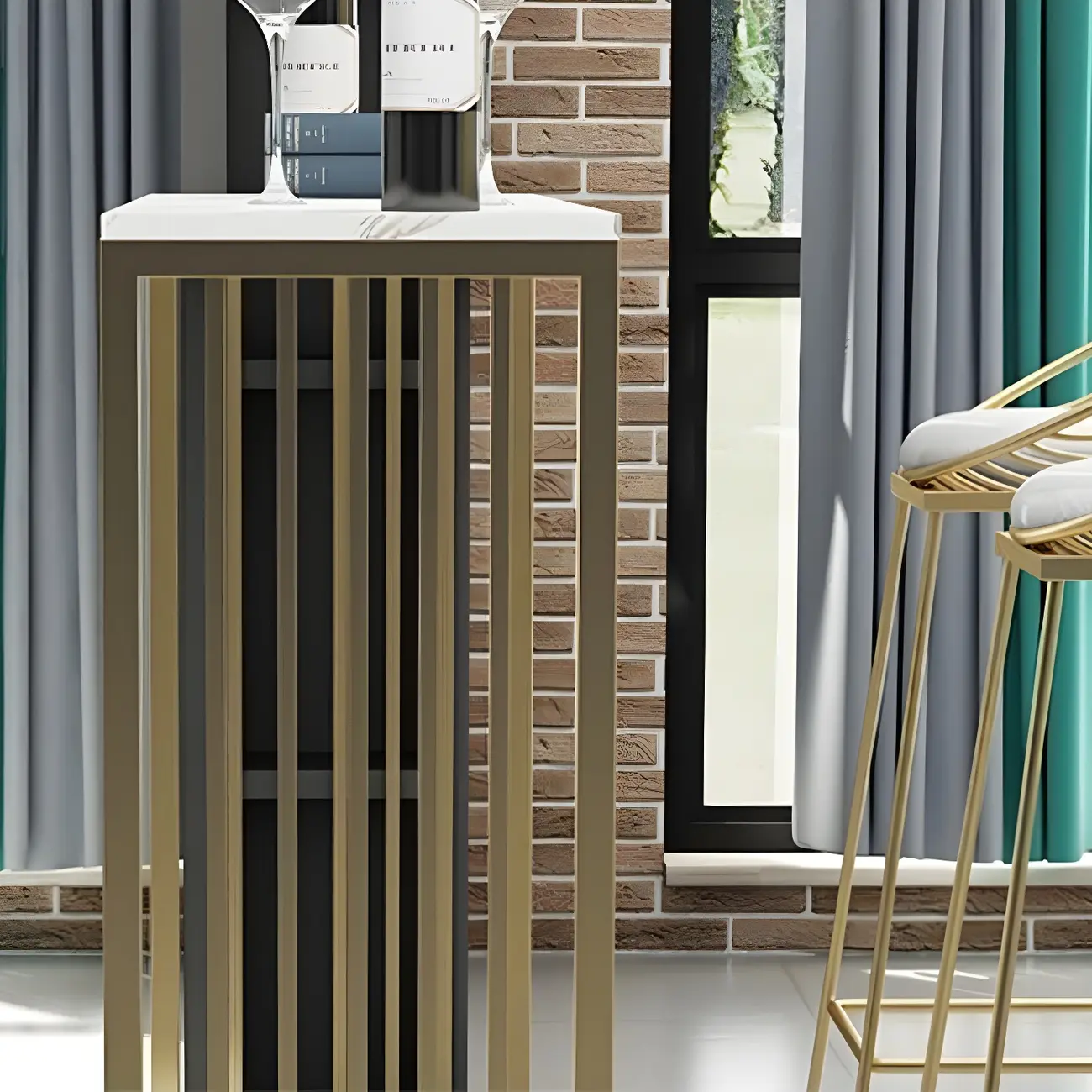 Glam White Faux Marble Gold Rail Metal Base Bar Tables Image - 10 | homeyfad