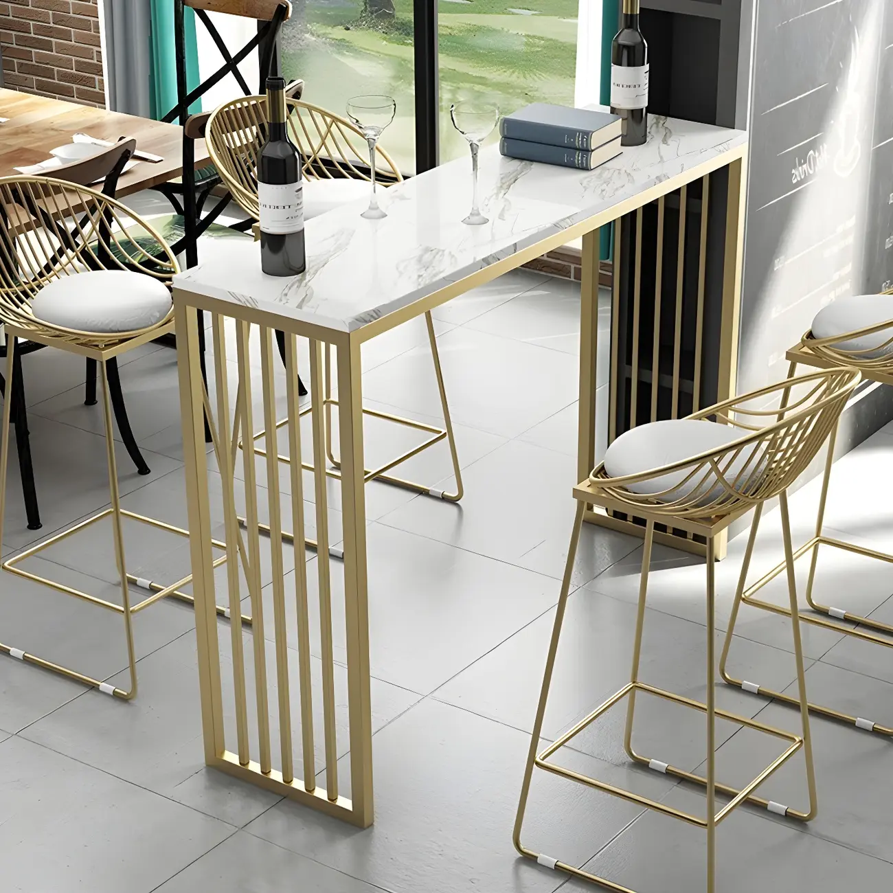 Glam White Faux Marble Gold Rail Metal Base Bar Tables Image - 11 | homeyfad