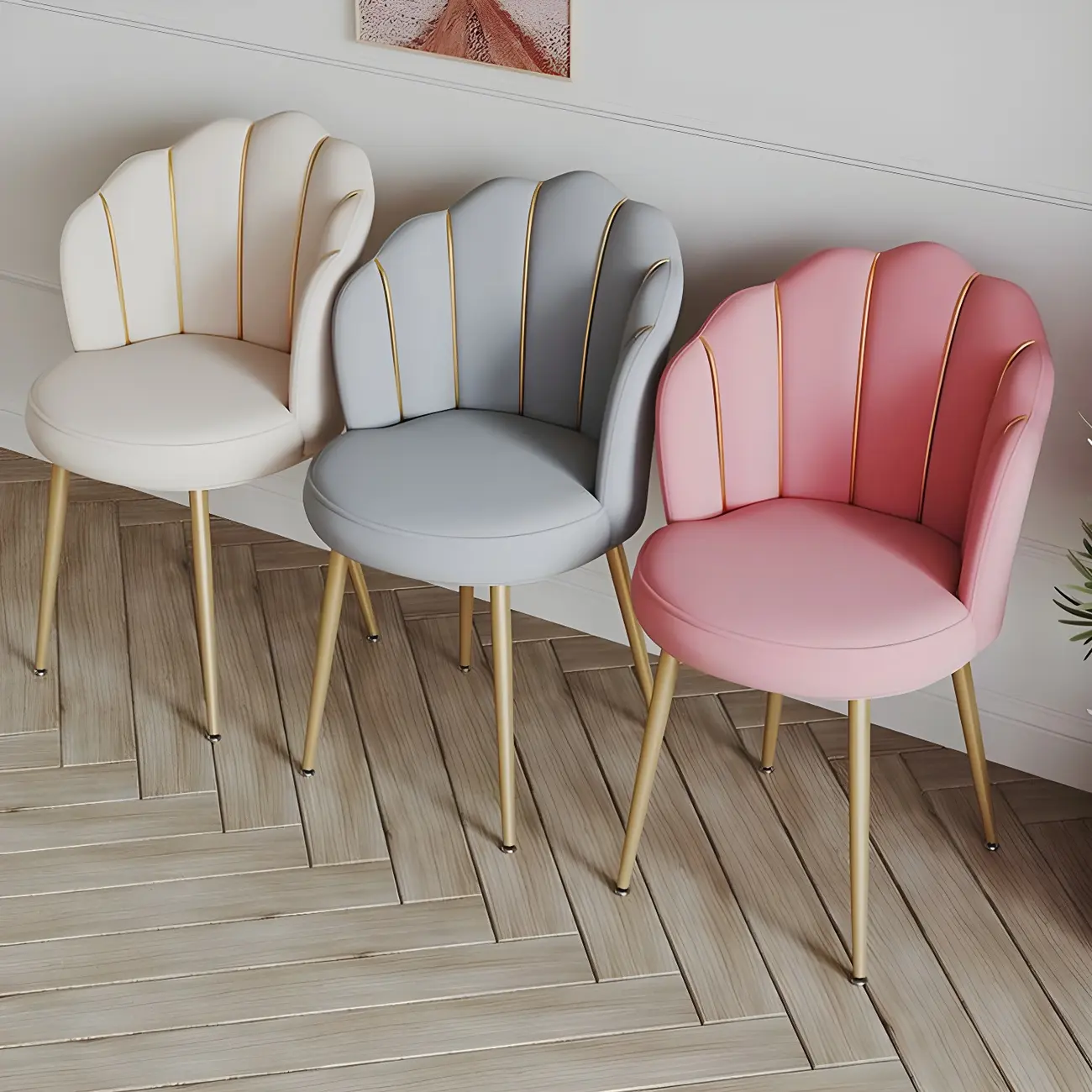 Glam Upholstered Dining Chair with Scalloped Back and Gold Metal Legs Image - 1 | homeyfad