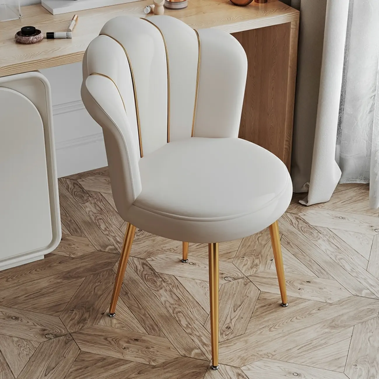 Glam Upholstered Dining Chair with Scalloped Back and Gold Metal Legs Image - 2 | homeyfad