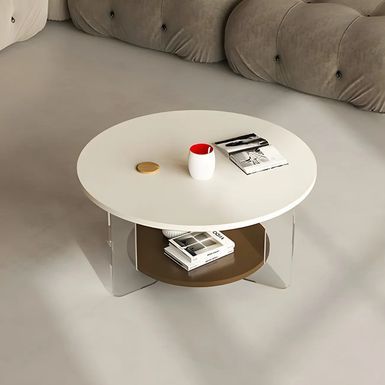White Brown Wood Round Coffee Table with Shelf and Plastic Leg Image - 1 | homeyfad