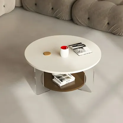 White Brown Wood Round Coffee Table with Shelf and Plastic Leg Image - 1