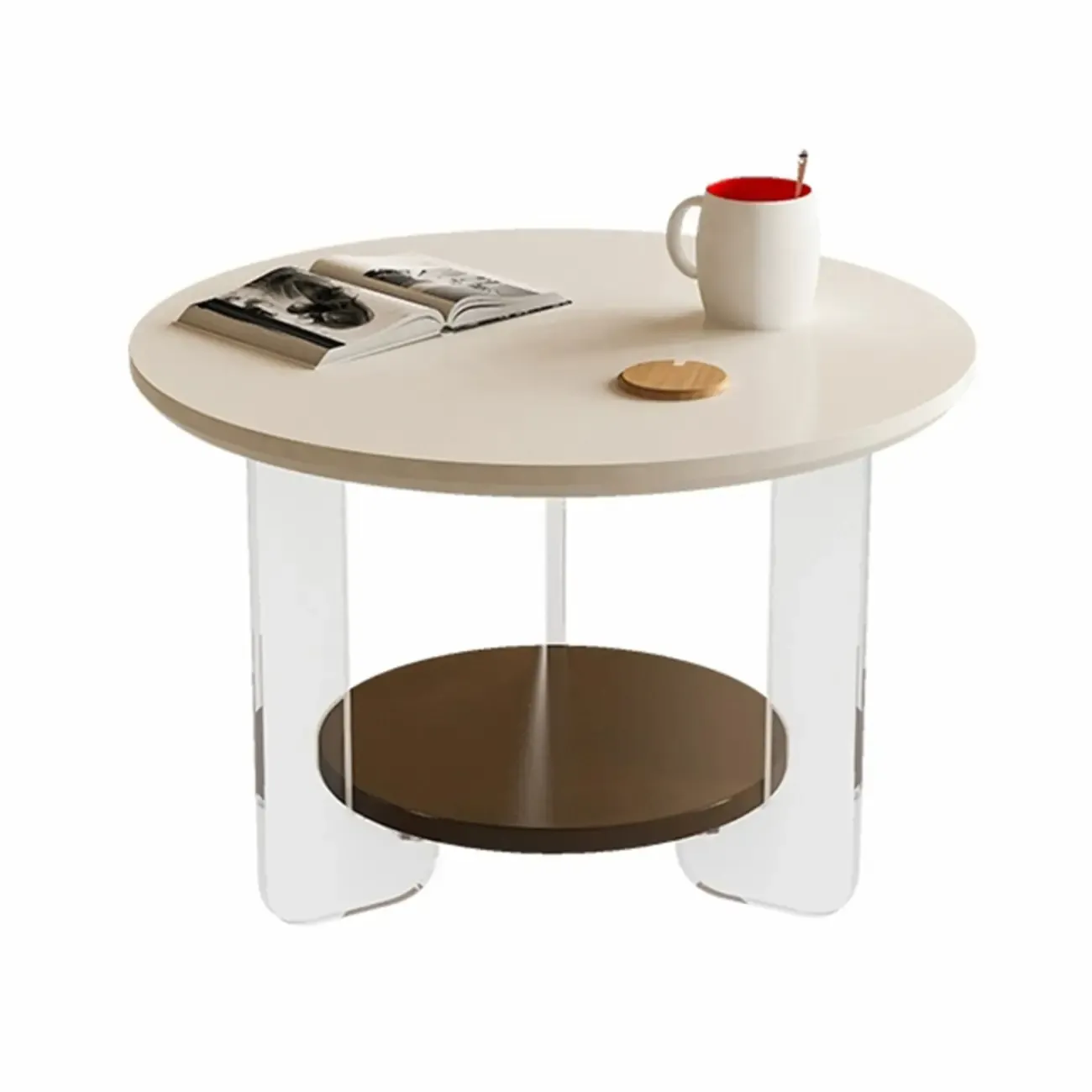 White Brown Wood Round Coffee Table with Shelf and Plastic Leg Image - 8