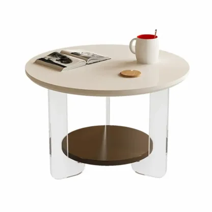 White Brown Wood Round Coffee Table with Shelf and Plastic Leg Image - 8