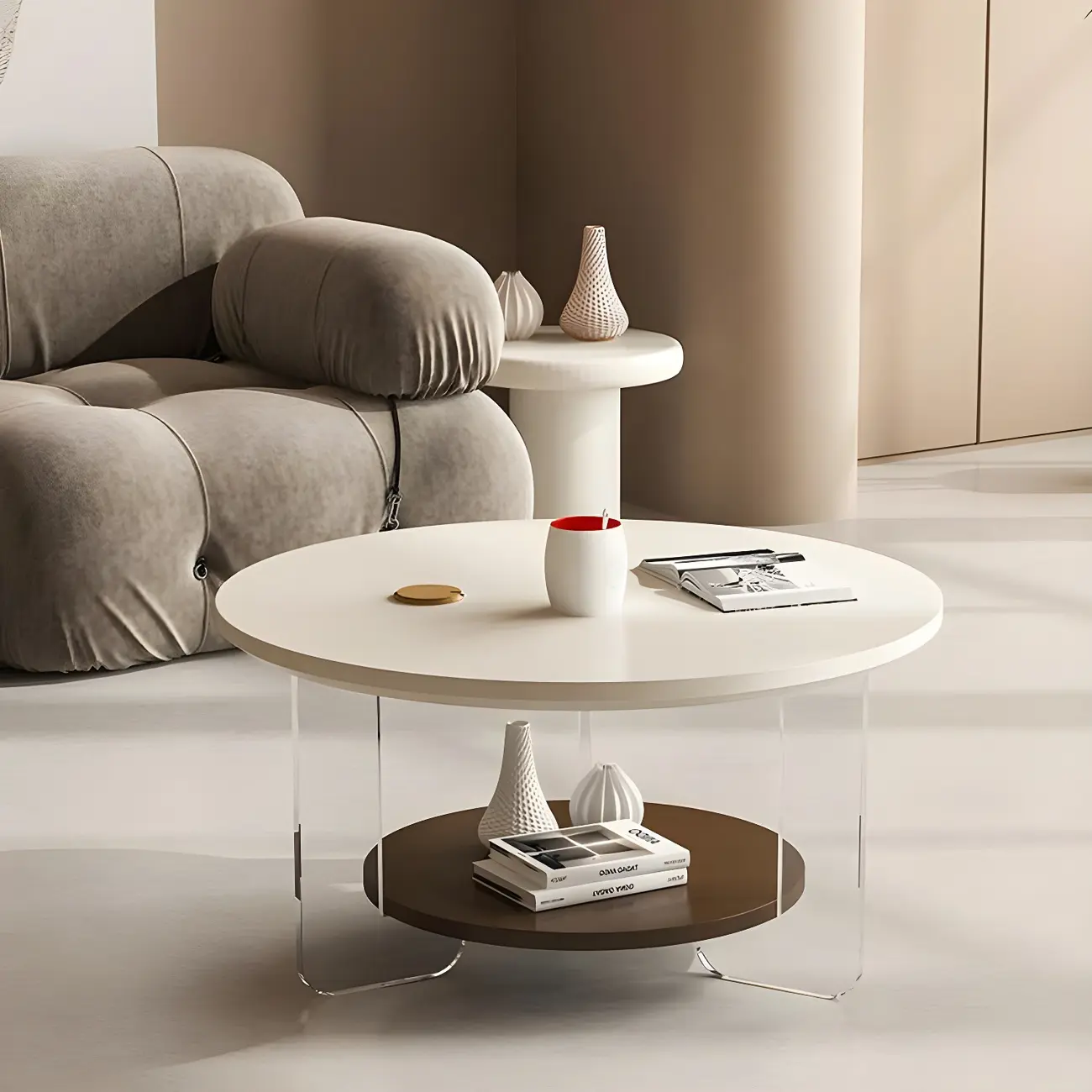 White Brown Wood Round Coffee Table with Shelf and Plastic Leg Image - 3 | homeyfad