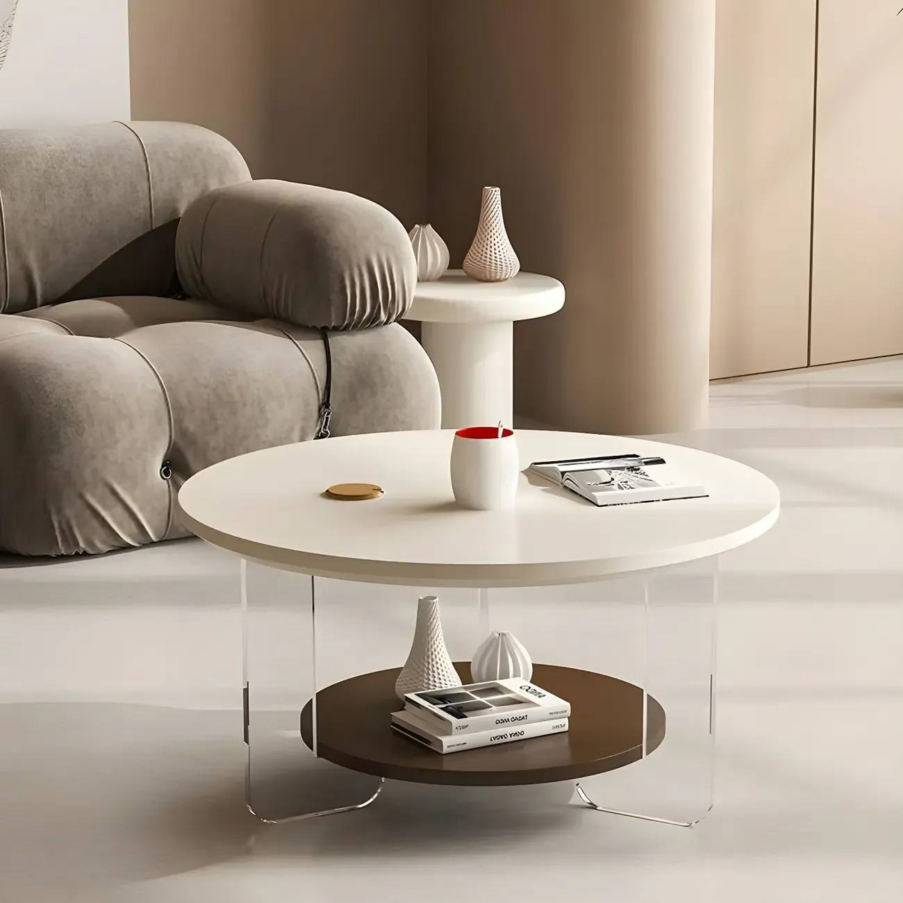 White Brown Wood Round Coffee Table with Shelf and Plastic Leg | HomeyFad