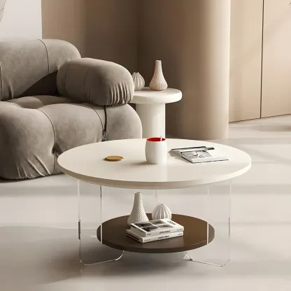 White Brown Wood Round Coffee Table with Shelf and Plastic Leg Image - 3