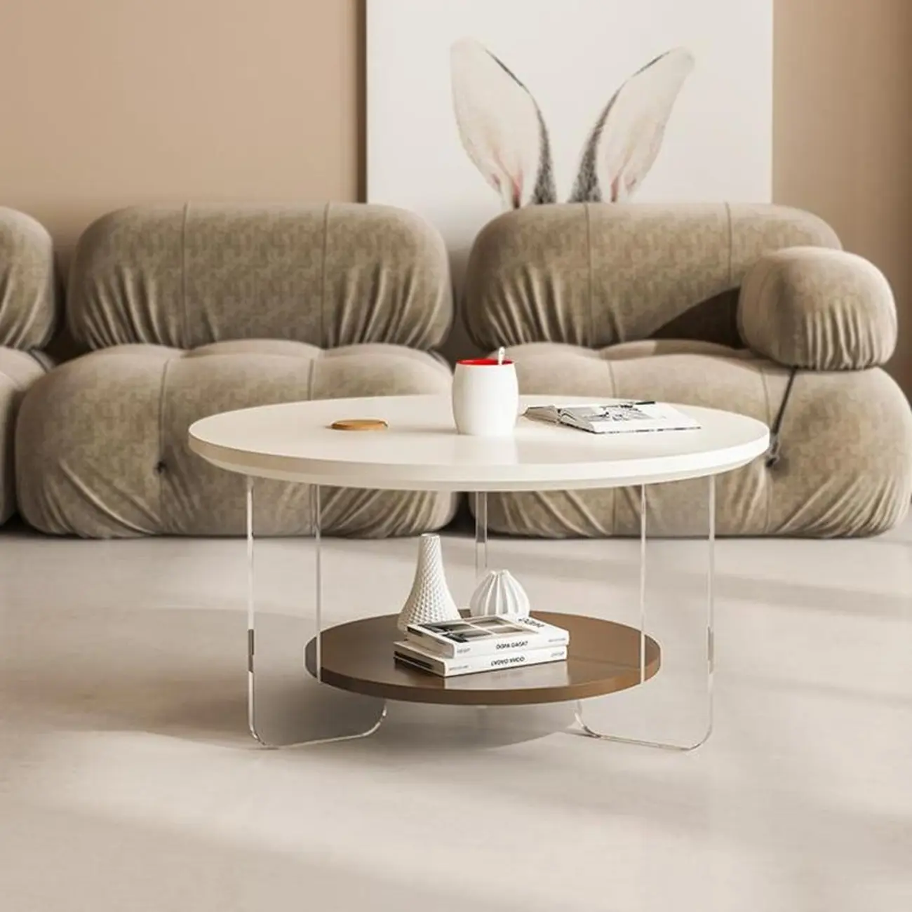 White Brown Wood Round Coffee Table with Shelf and Plastic Leg Image - 2 | homeyfad