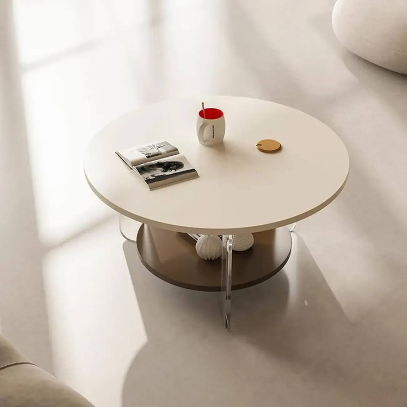 White Brown Wood Round Coffee Table with Shelf and Plastic Leg Image - 4