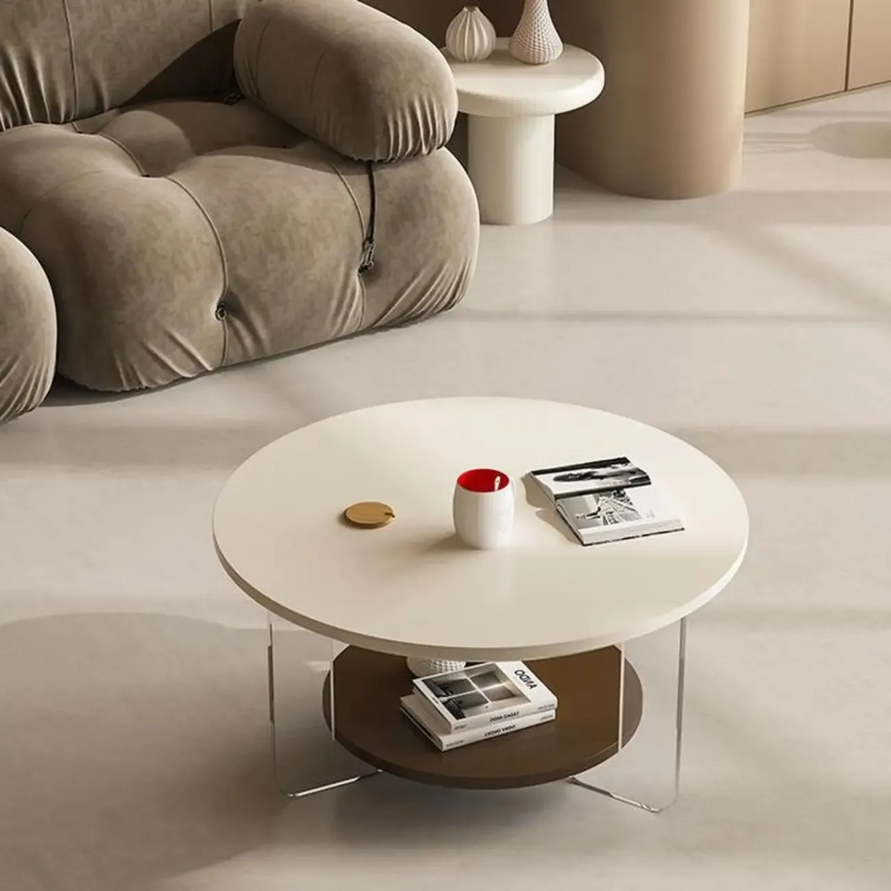 White Brown Wood Round Coffee Table with Shelf and Plastic Leg Image - 5