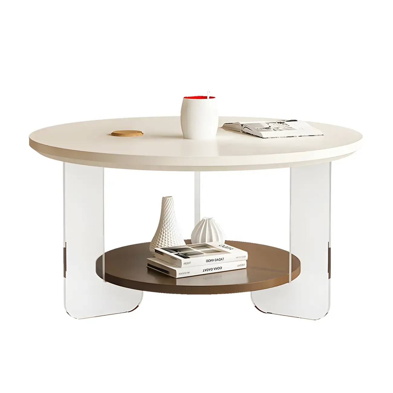 White Brown Wood Round Coffee Table with Shelf and Plastic Leg Image - 7