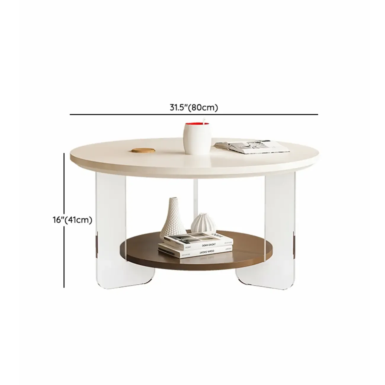 White Brown Wood Round Coffee Table with Shelf and Plastic Leg #size