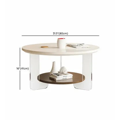 White Brown Wood Round Coffee Table with Shelf and Plastic Leg #size