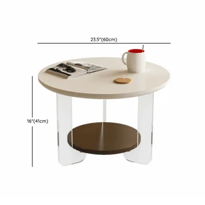 White Brown Wood Round Coffee Table with Shelf and Plastic Leg Image - 12