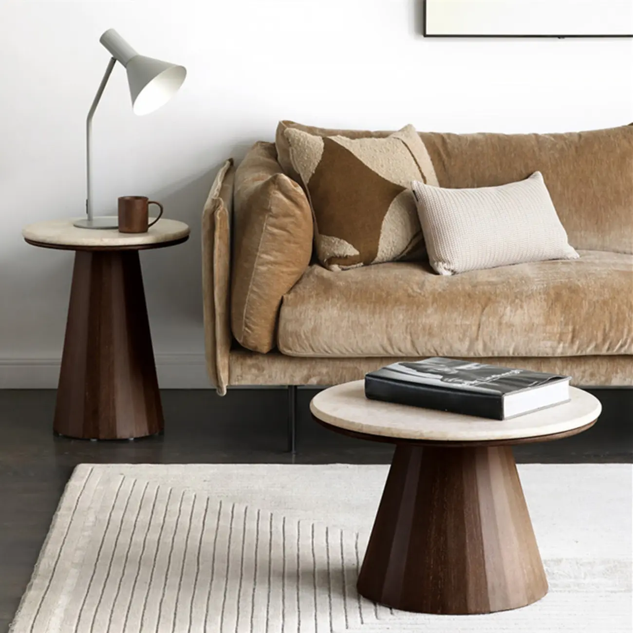 Minimalist Brown Stone-Top Wood Round Coffee Table Image - 4 | homeyfad