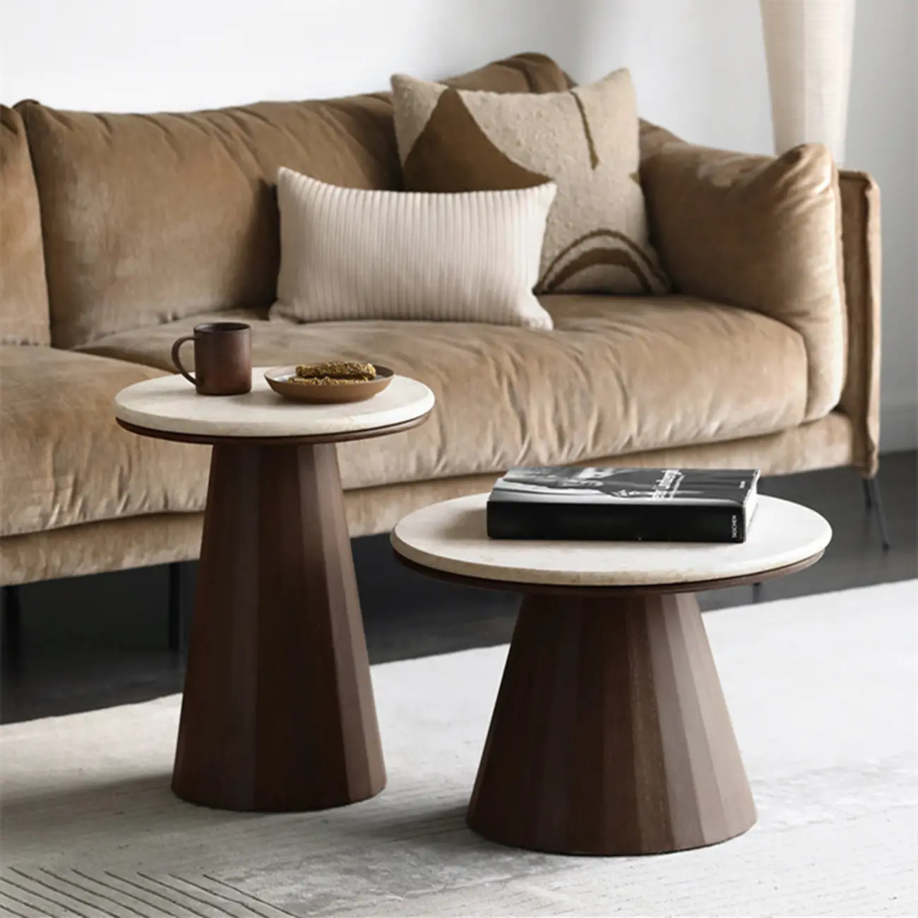 Minimalist Brown Stone-Top Wood Round Coffee Table Image - 1 | homeyfad