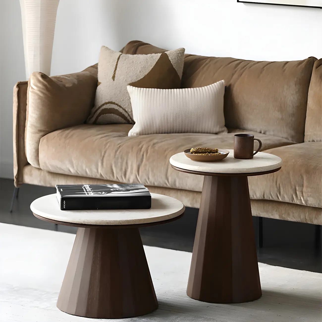 Minimalist Brown Stone-Top Wood Round Coffee Table Image - 5 | homeyfad