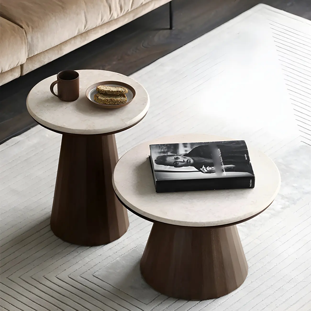 Minimalist Brown Stone-Top Wood Round Coffee Table Image - 2 | homeyfad