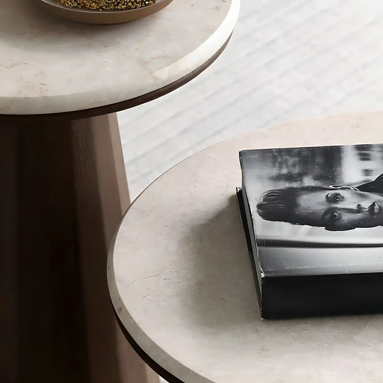 Minimalist Brown Stone-Top Wood Round Coffee Table Image - 11 | homeyfad