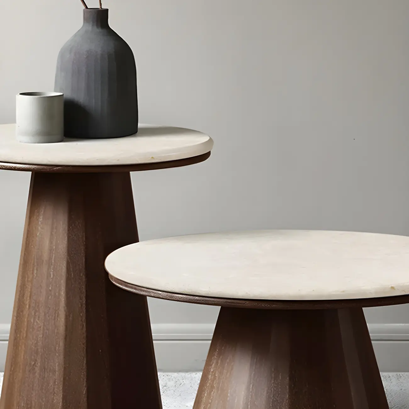 Minimalist Brown Stone-Top Wood Round Coffee Table Image - 7 | homeyfad