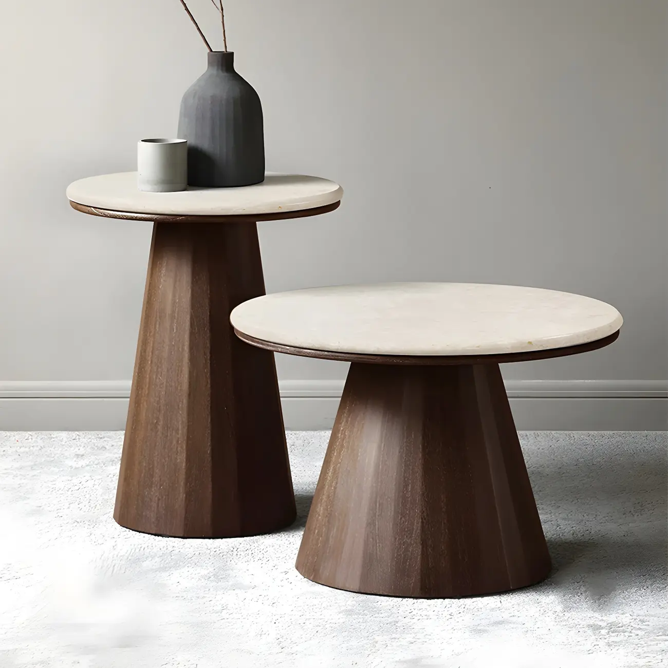 Minimalist Brown Stone-Top Wood Round Coffee Table Image - 6 | homeyfad