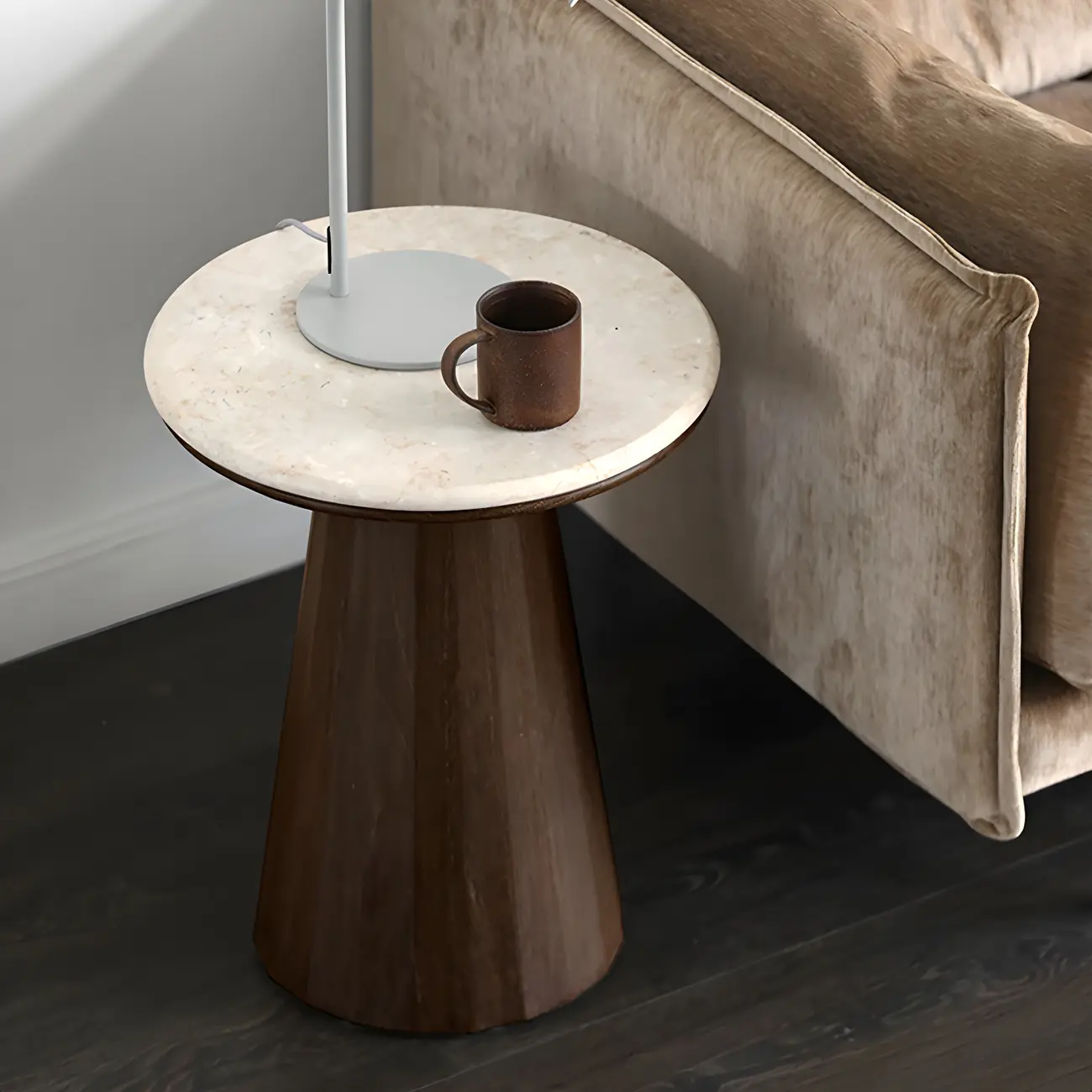 Minimalist Brown Stone-Top Wood Round Coffee Table Image - 3 | homeyfad