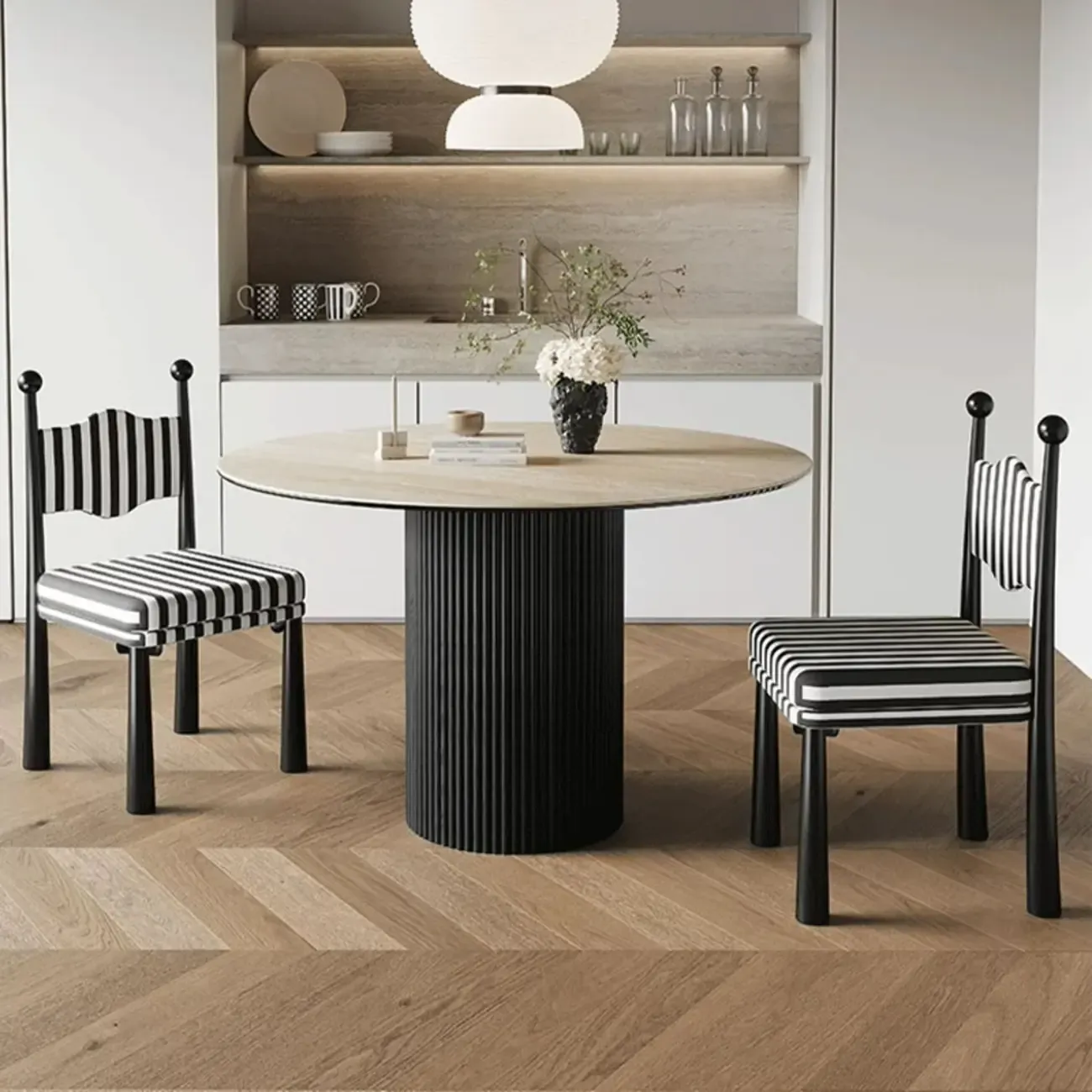 Upholstered Black Armless Striped Dining Chair Image - 5