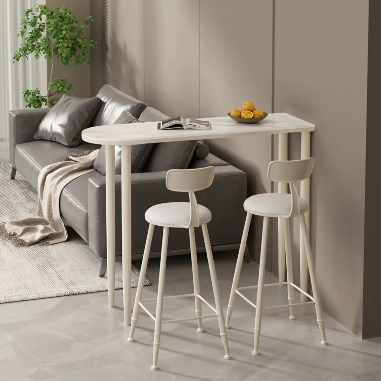 Free Form Modern White Stone Top Bar Table with Iron Frame Image - 1