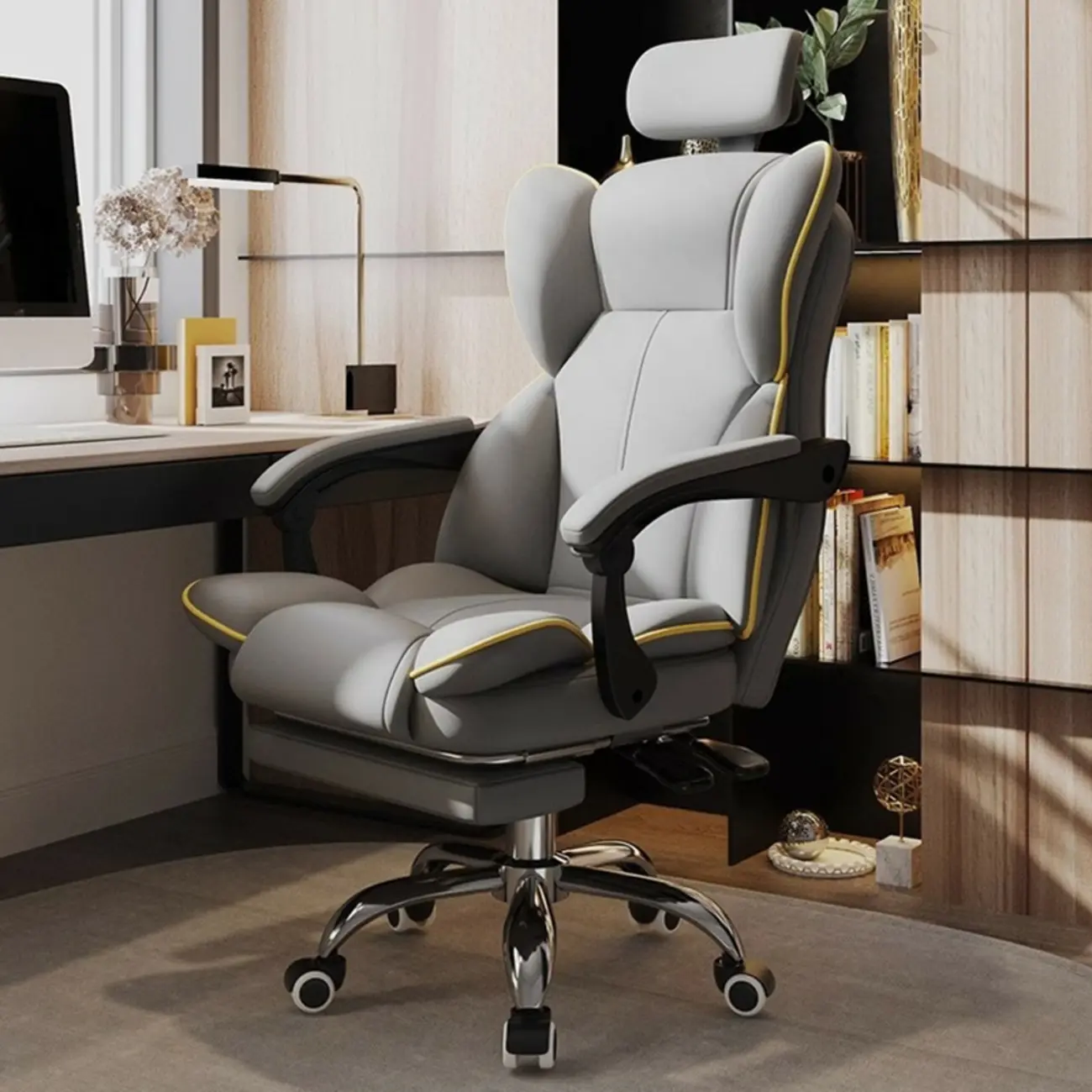 Modern Grey Leather Upholstered Adjustable Swivel Office Chair Image - 1 | homeyfad