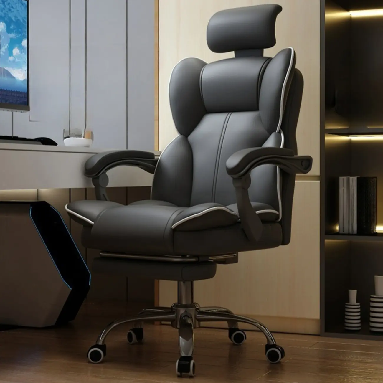 Modern Grey Leather Upholstered Adjustable Swivel Office Chair Image - 2 | homeyfad