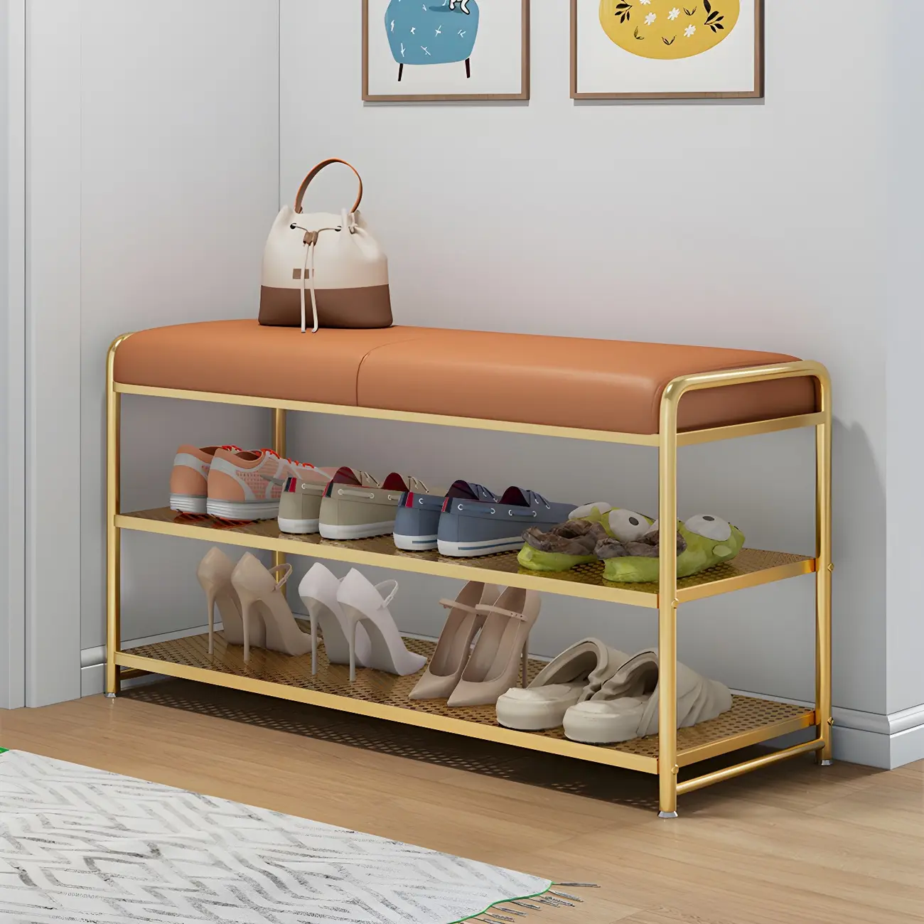 Entryway Rectangle Metal Cushioned 2-Tier Shoe Storage Bench Image - 1 | homeyfad