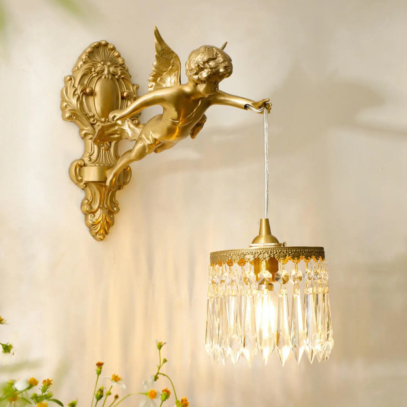 Artistic Vintage Gold Angel Wall Sconce with Crystal Shade | homeyfad