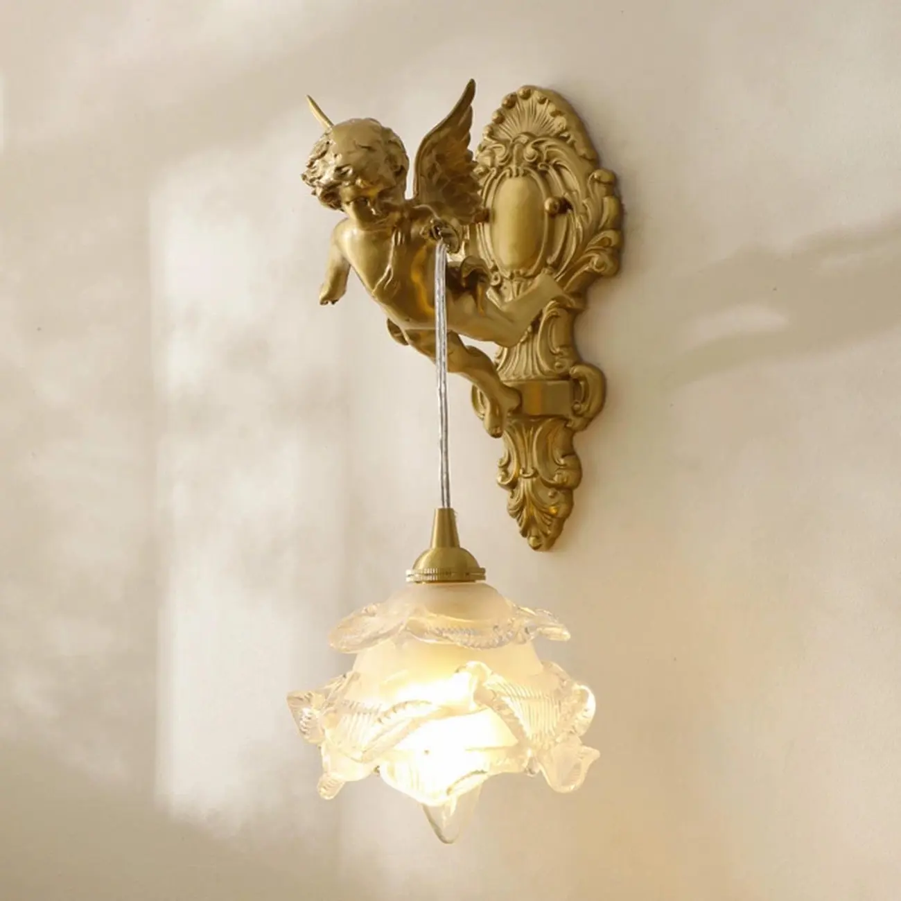 Artistic Vintage Gold Angel Wall Sconce with Crystal Shade | homeyfad