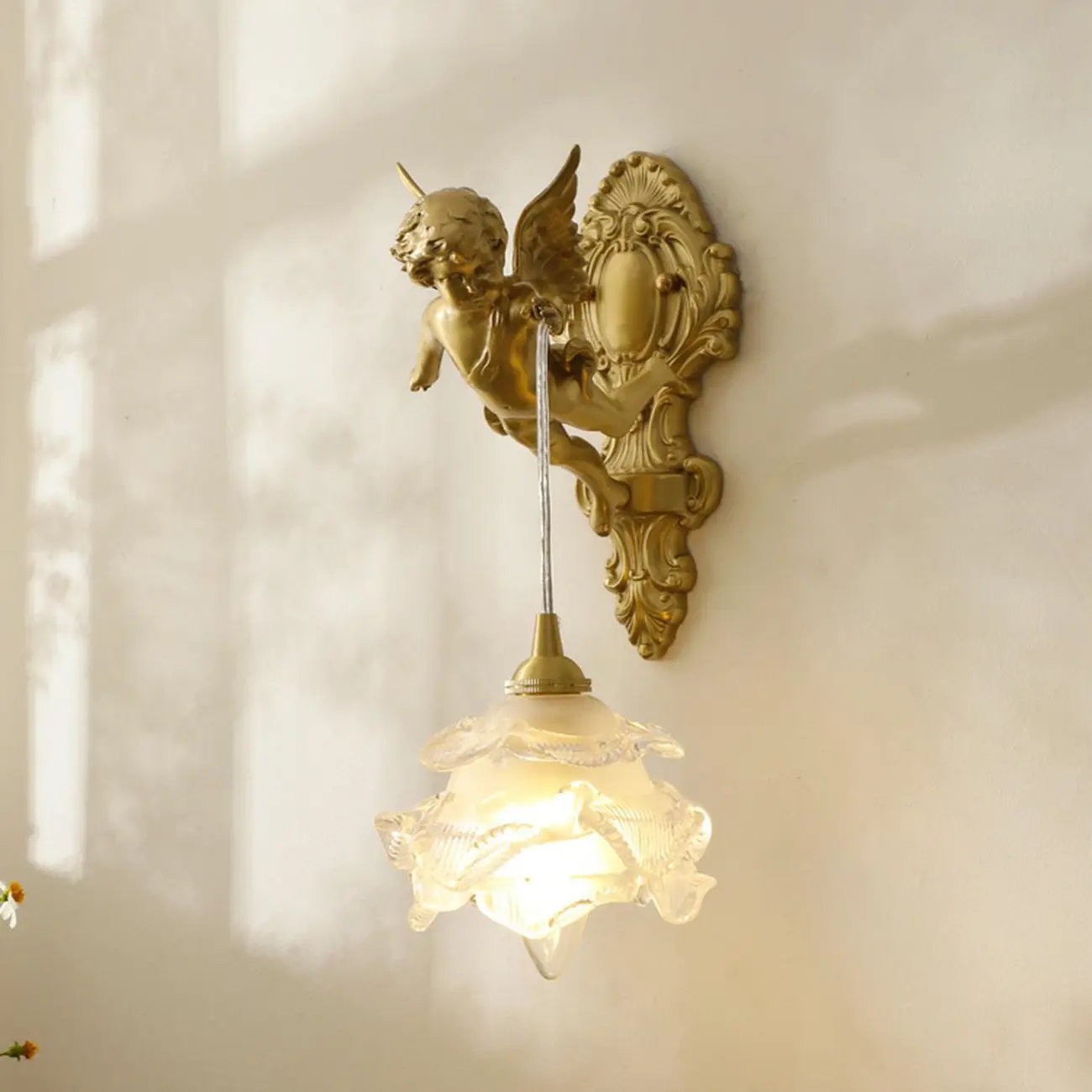Artistic Vintage Gold Angel Wall Sconce with Crystal Shade | homeyfad