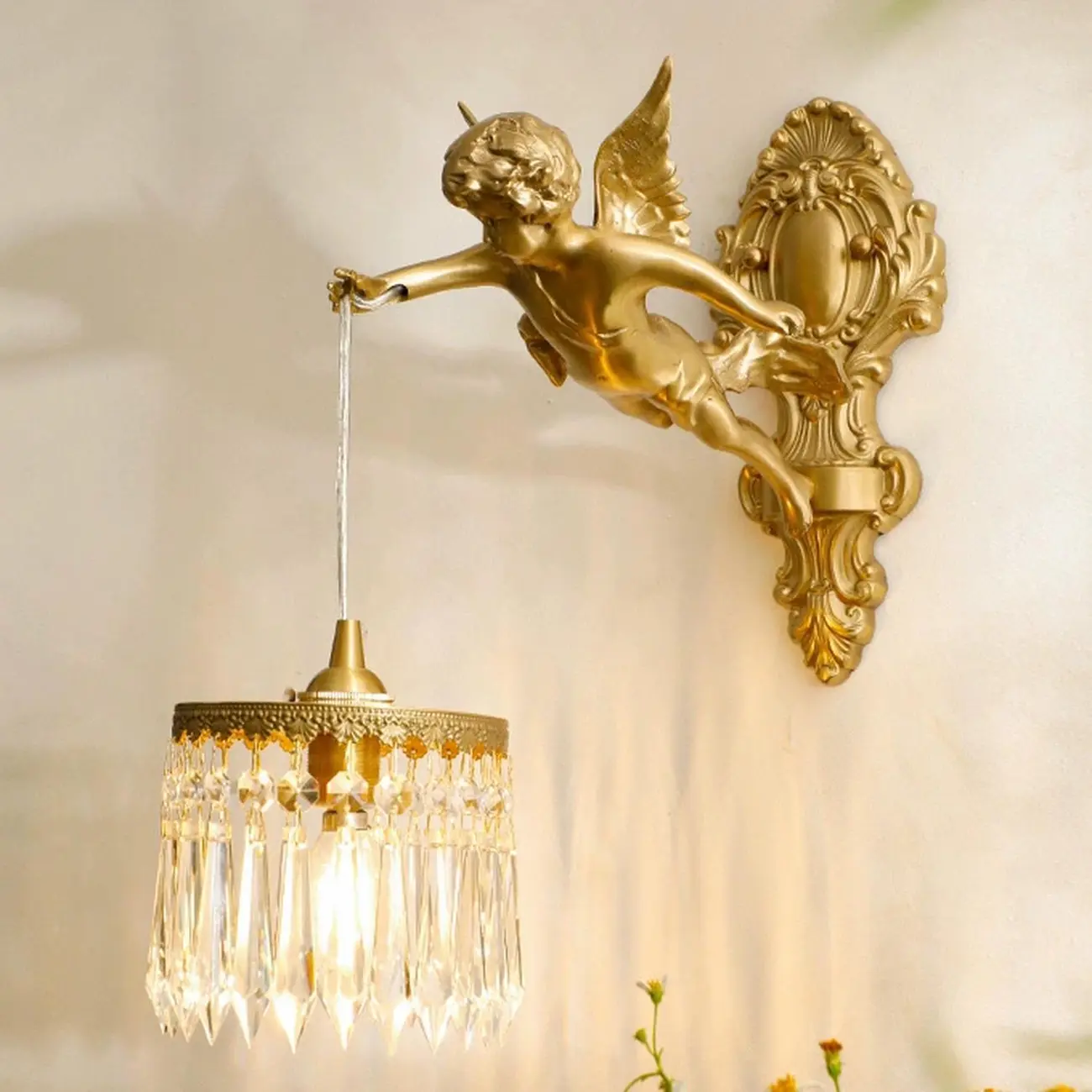 Artistic Vintage Gold Angel Wall Sconce with Crystal Shade | homeyfad