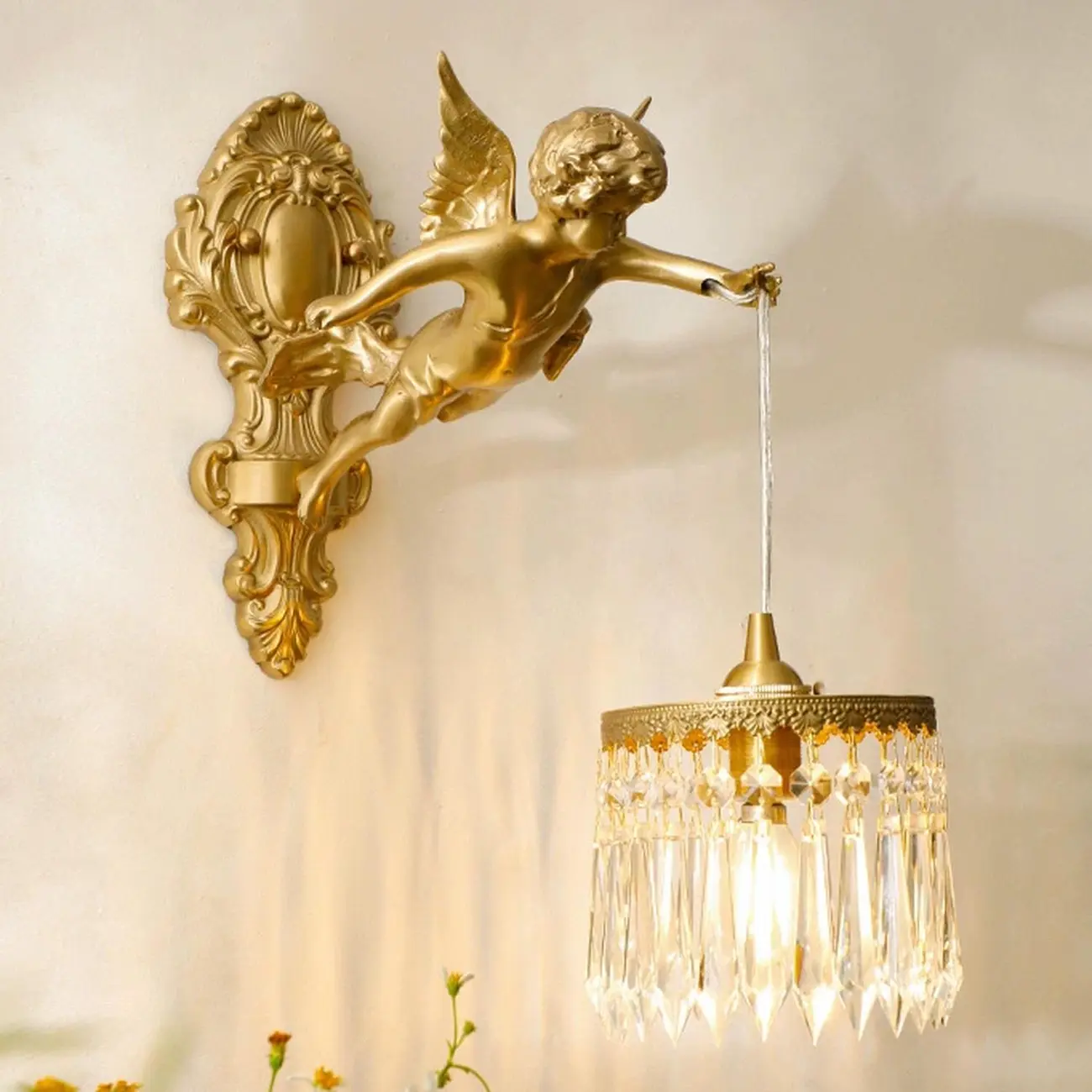 Artistic Vintage Gold Angel Wall Sconce with Crystal Shade | homeyfad