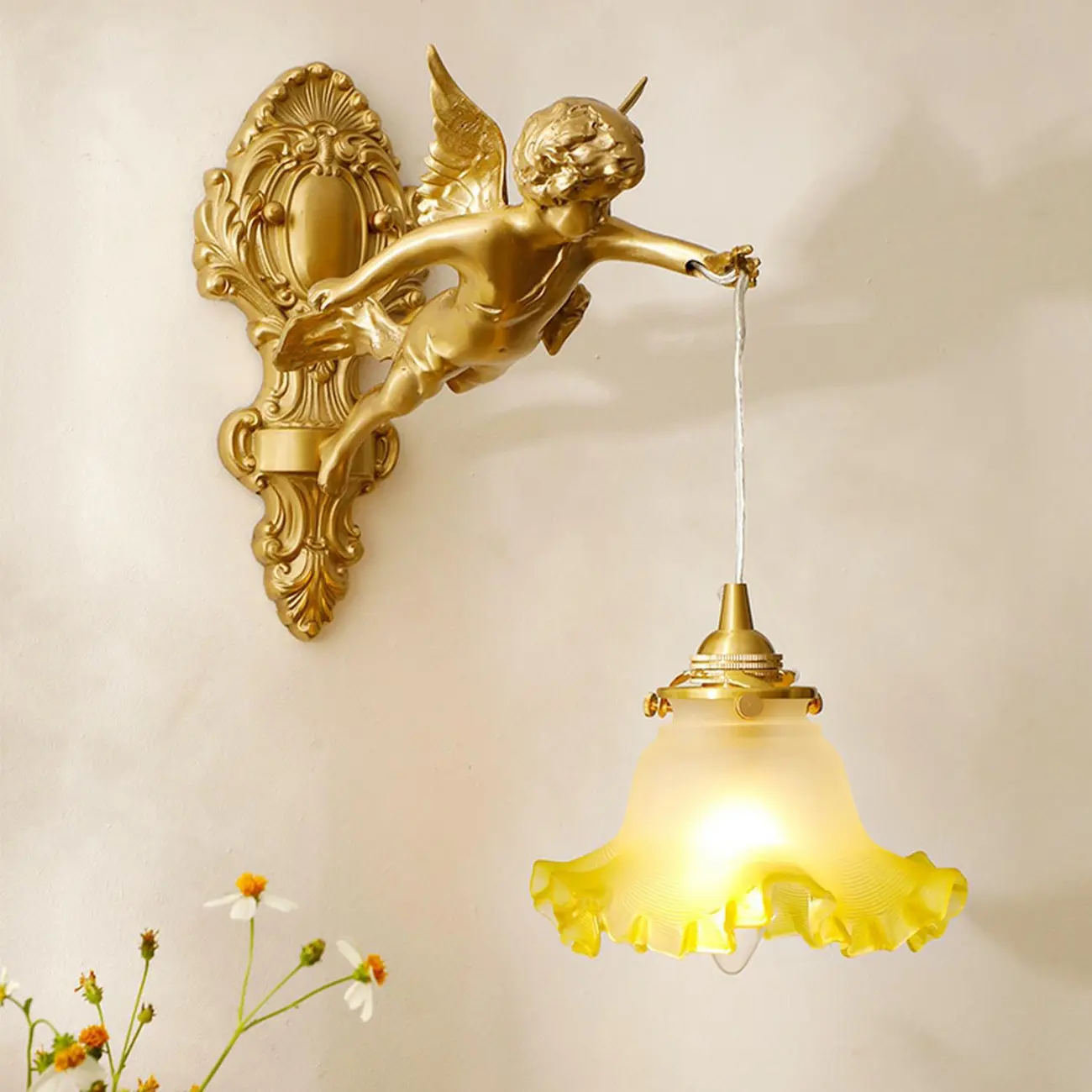 Artistic Vintage Gold Angel Wall Sconce with Crystal Shade | homeyfad