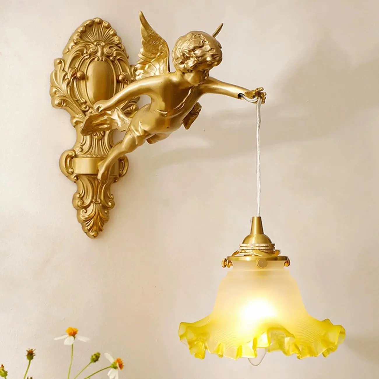 Artistic Vintage Gold Angel Wall Sconce with Crystal Shade | homeyfad